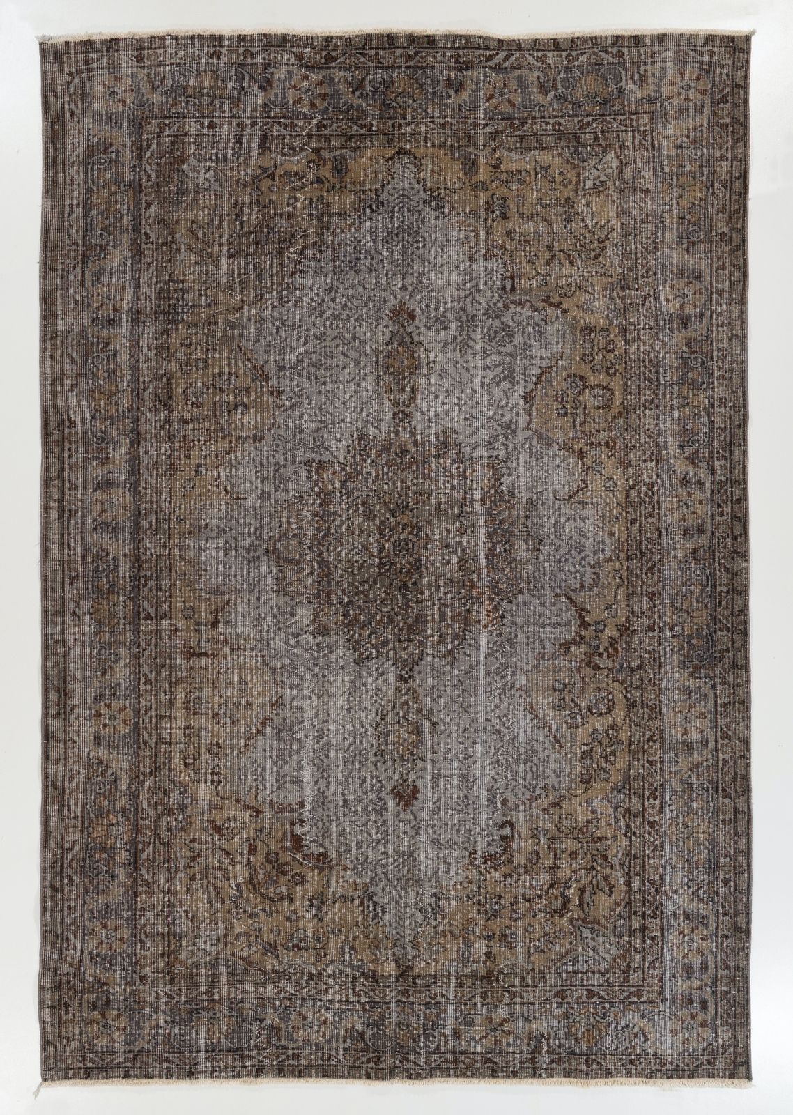 6.7x9.8 Ft Vintage Wool Area Rug Overdyed In Gray, Handknotted In Turkey