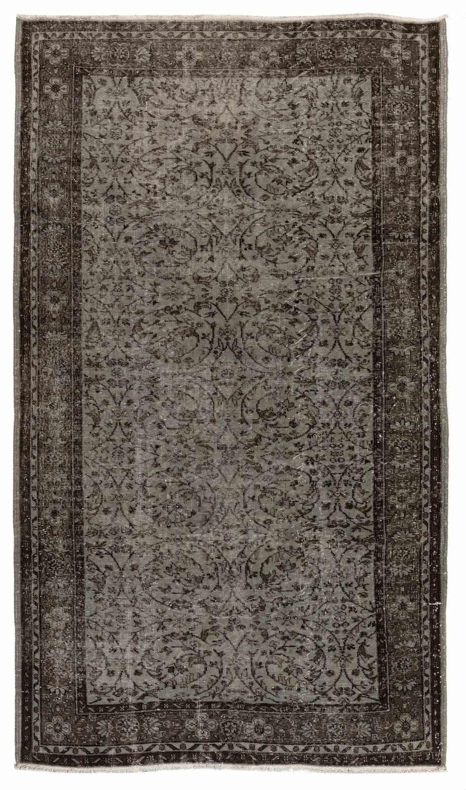 5.9x9.5 Ft Mid Century Handmade Floral Turkish Rug Overdyed In Bluish Gray