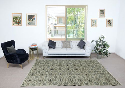 6x9.2 Ft Handmade Turkish Wool Area Rug With Floral Design And Green Background photo furniture