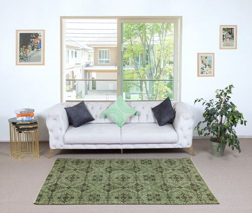 3.8x7 Ft Handmade Turkish Accent Rug With Floral Design And Green Background photo furniture