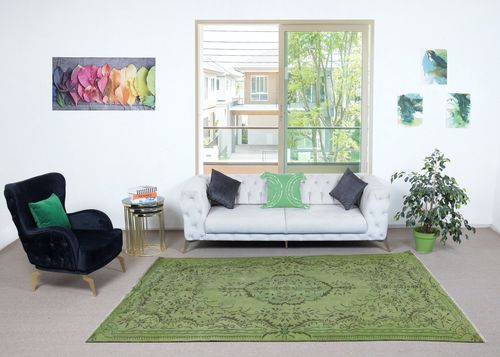 5.8x9.3 Ft Modern Wool Area Rug. Handmade In Turkey. Green Color Living Room Rug photo furniture