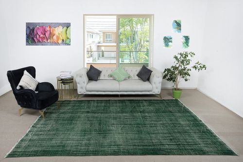 8x11.3 Ft Dark Green Color Modern Handmade Large Rug, Shabby Chic Turkish Carpet photo furniture