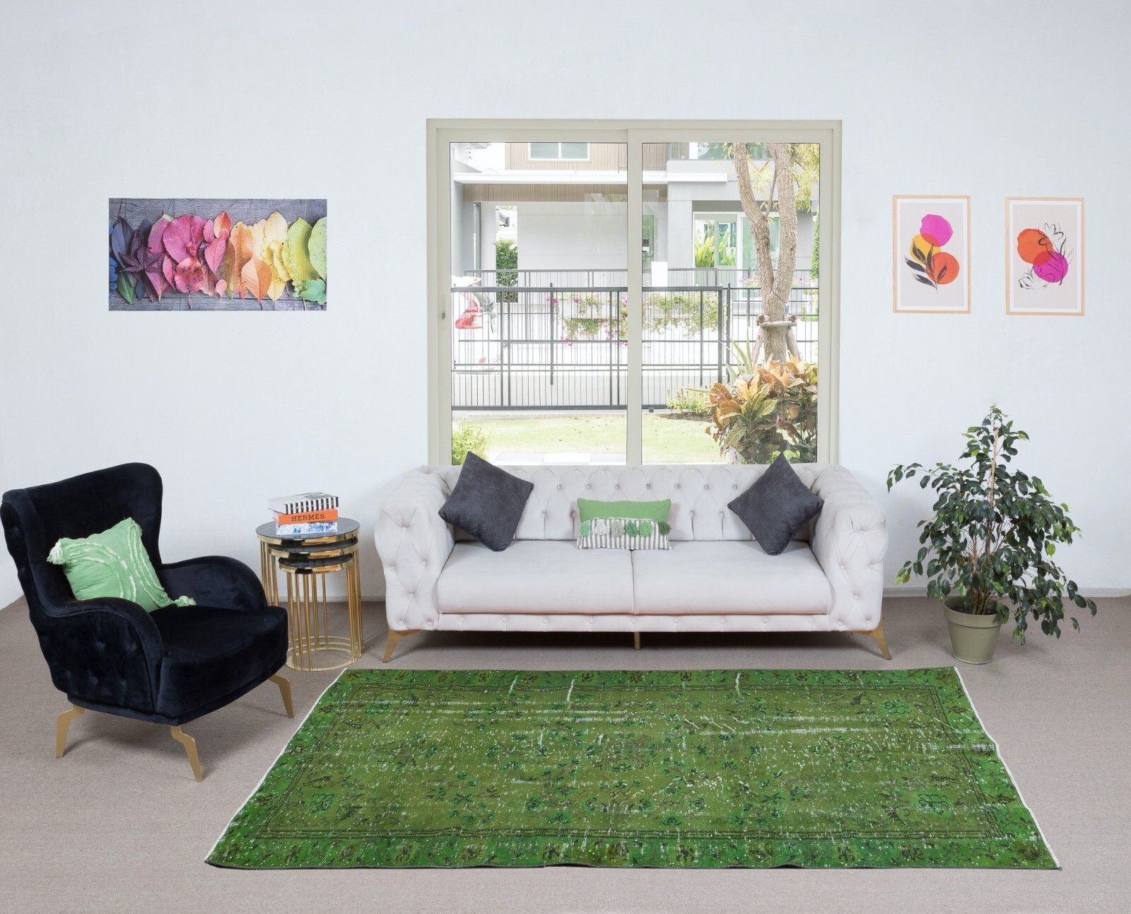 5.4x8.8 Ft Hand Made Turkish Area Rug In Green, Modern Upcycled Carpet photo furniture
