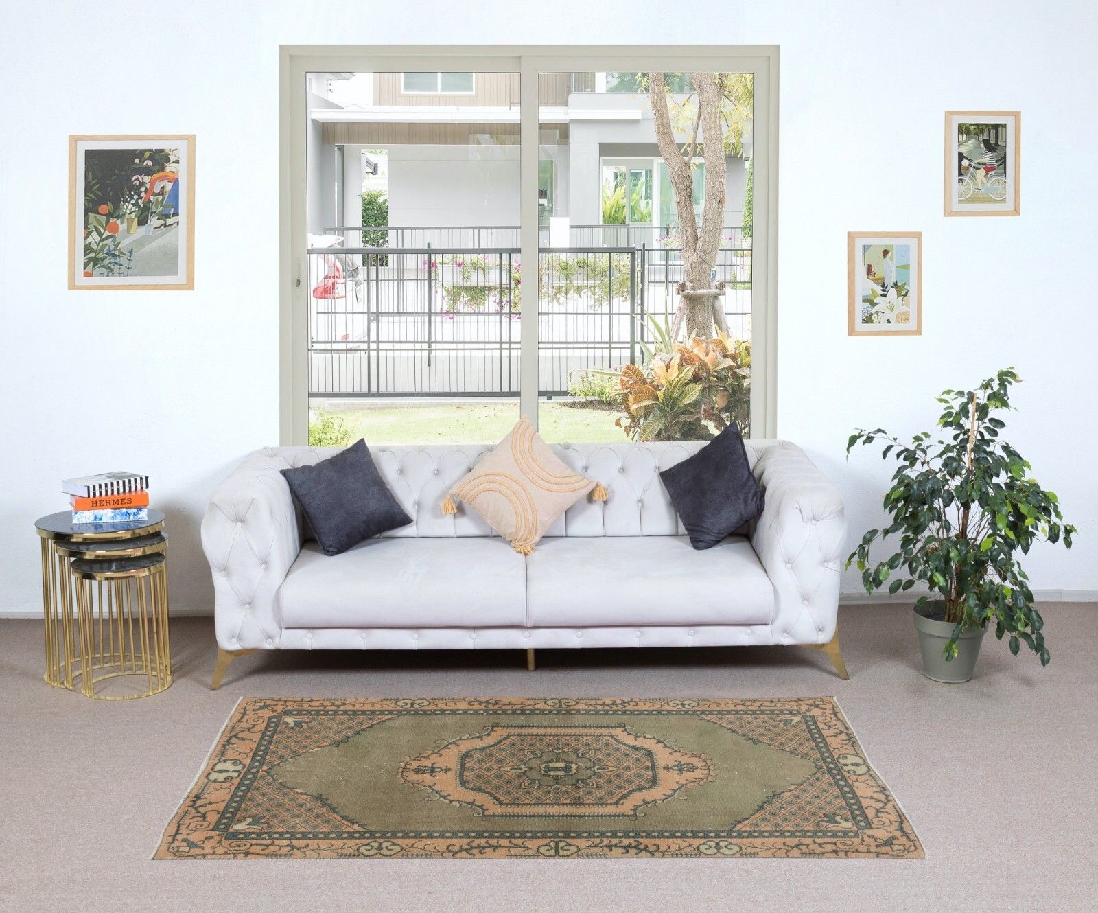 3.7x6.3 Ft Green Accent Rug, Handmade Turkish Geometric Medallion Design Carpet photo furniture