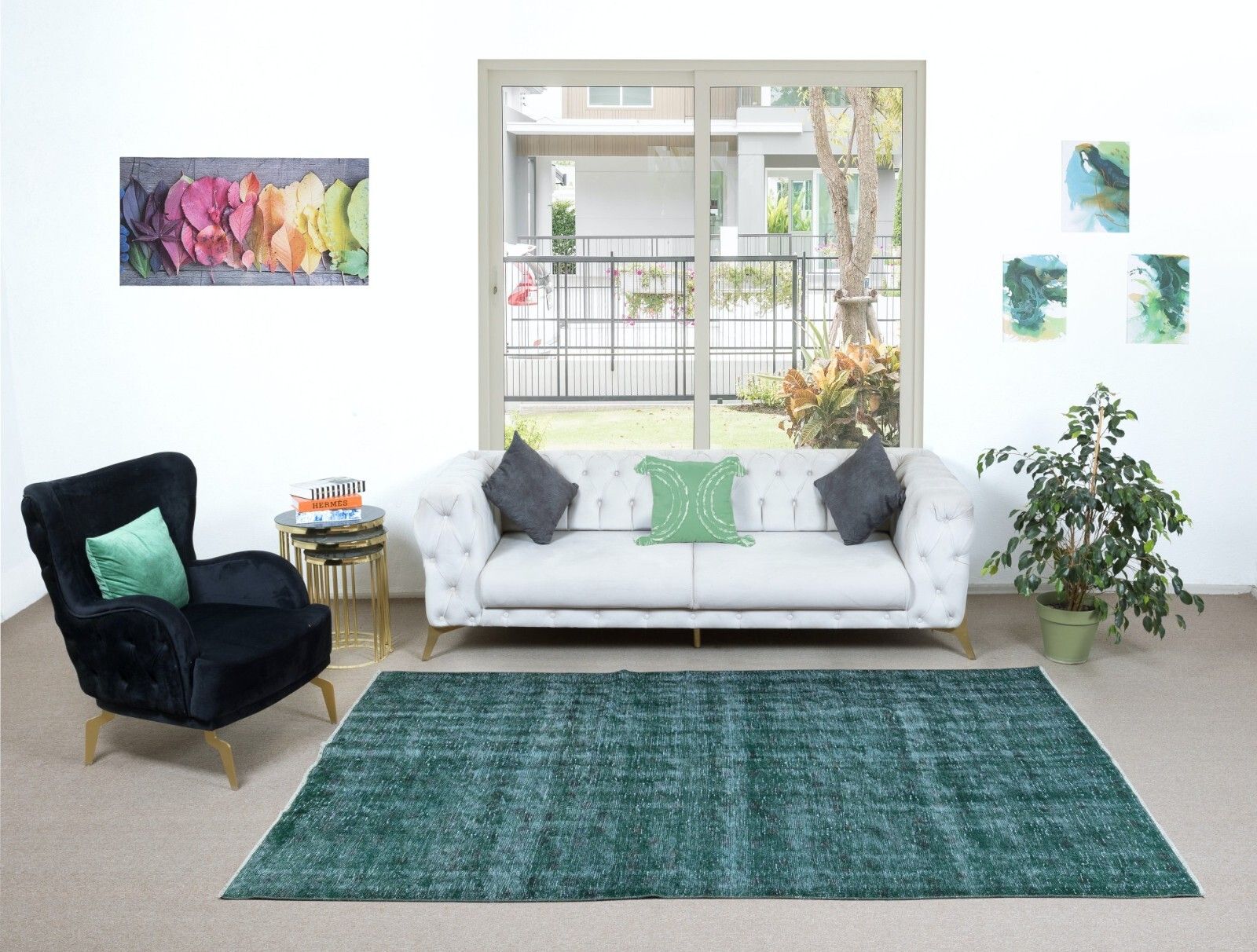 6x9.2 Ft Hand Made Turkish Area Rug In Green, Modern Upcycled Carpet photo furniture