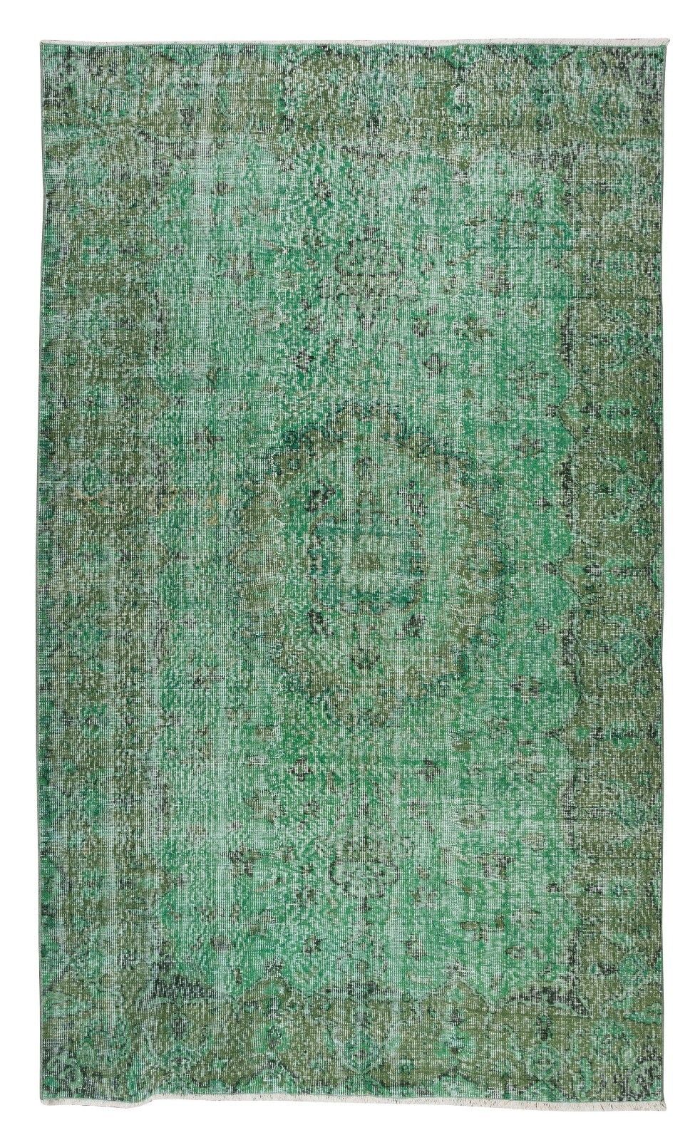 5.6x9.5 Ft Handmade Vintage Turkish Rug Over Dyed In Green For Modern Interiors