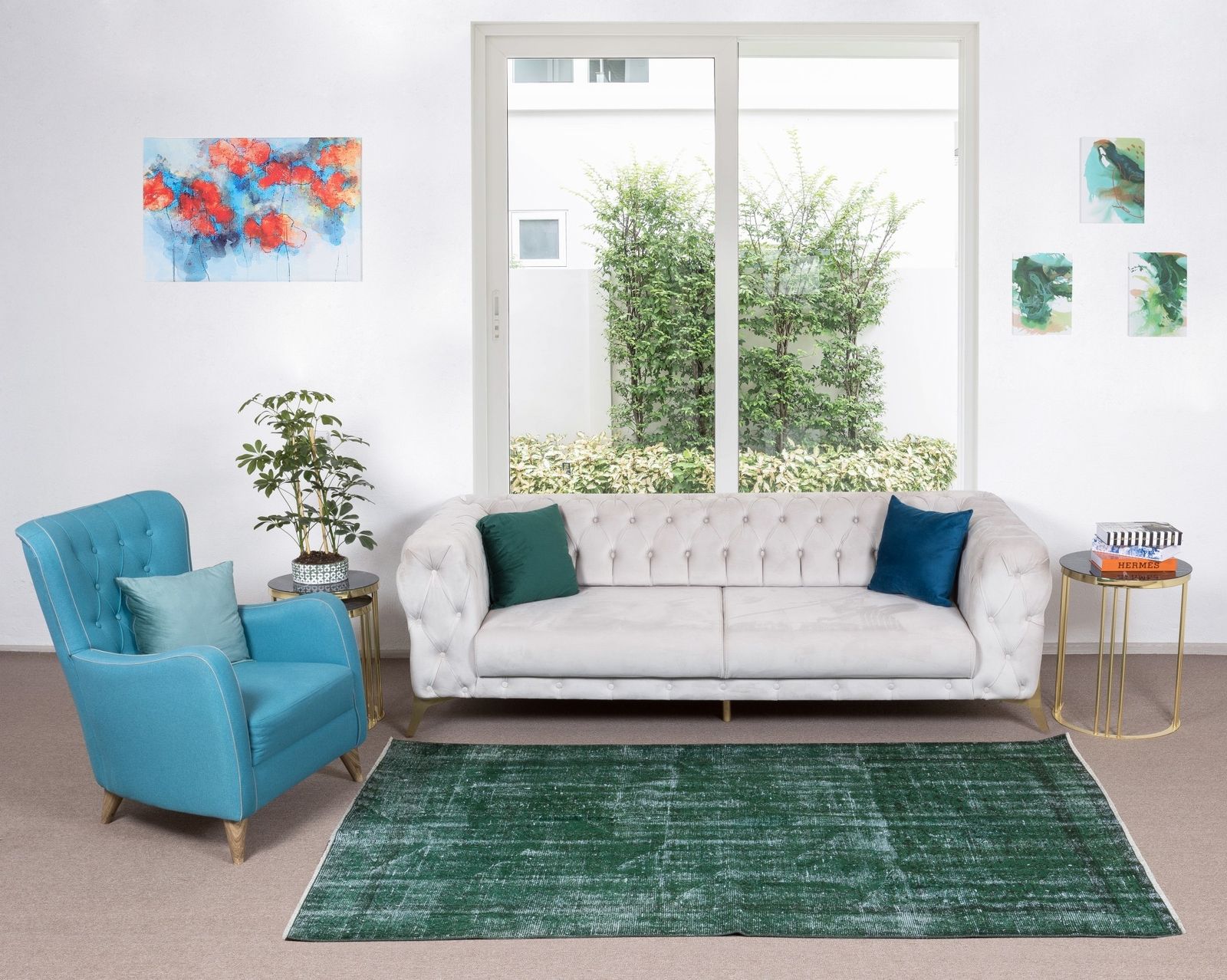 4.8x7.7 Ft Distressed Vintage Hand Knotted Anatolian Rug Over Dyed In Green photo furniture