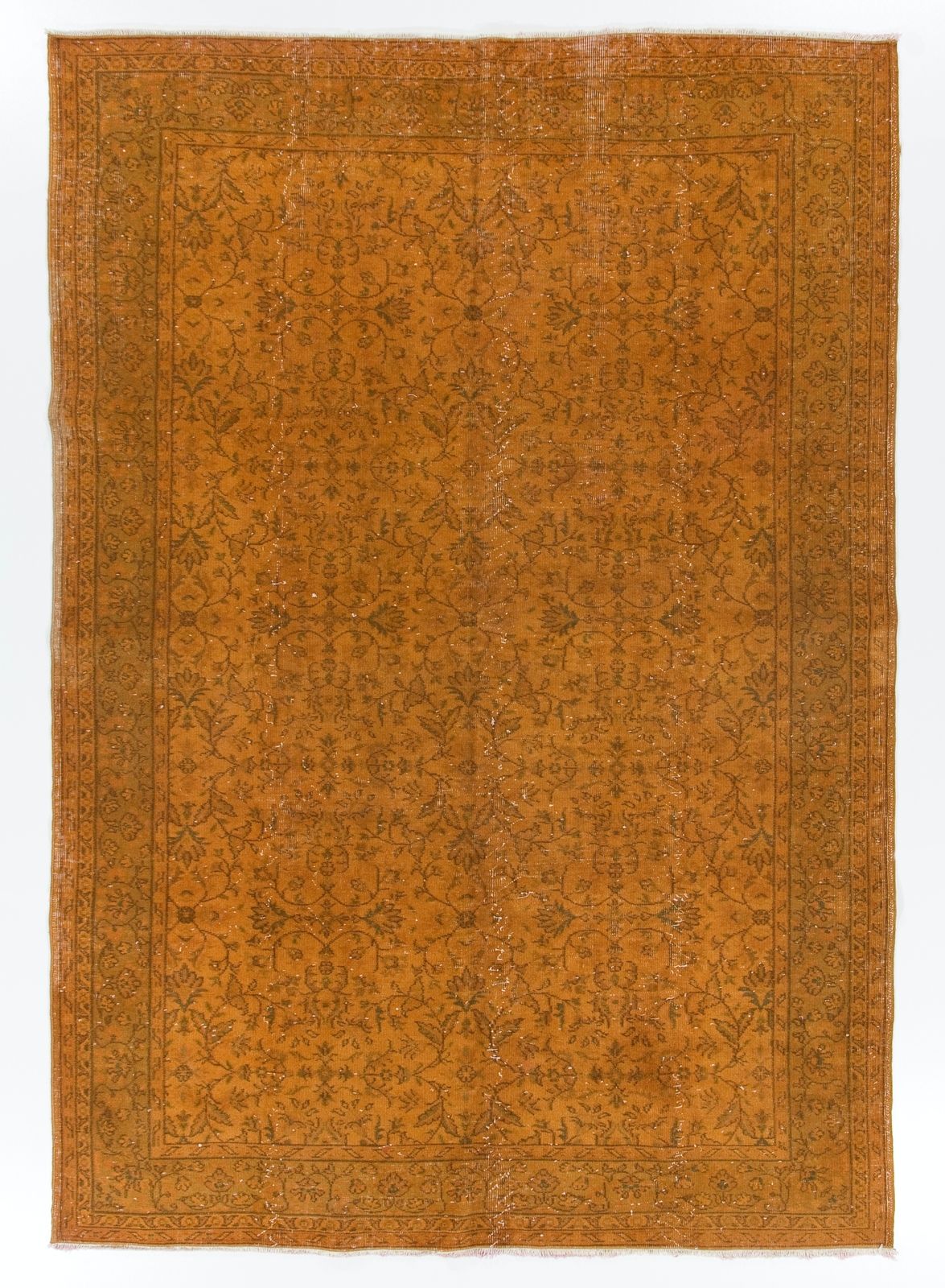6.7x9.7 Ft Mid Century Floral Design Rug Redyed In Orange, Handknotted In Turkey