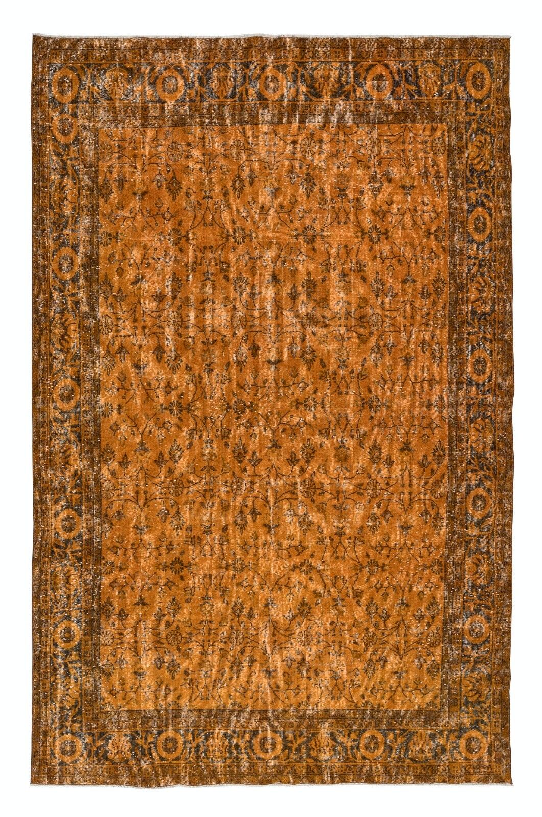 6.7x10.5 Ft Handmade Rug With All Over Botanical Design, Orange Turkish Carpet