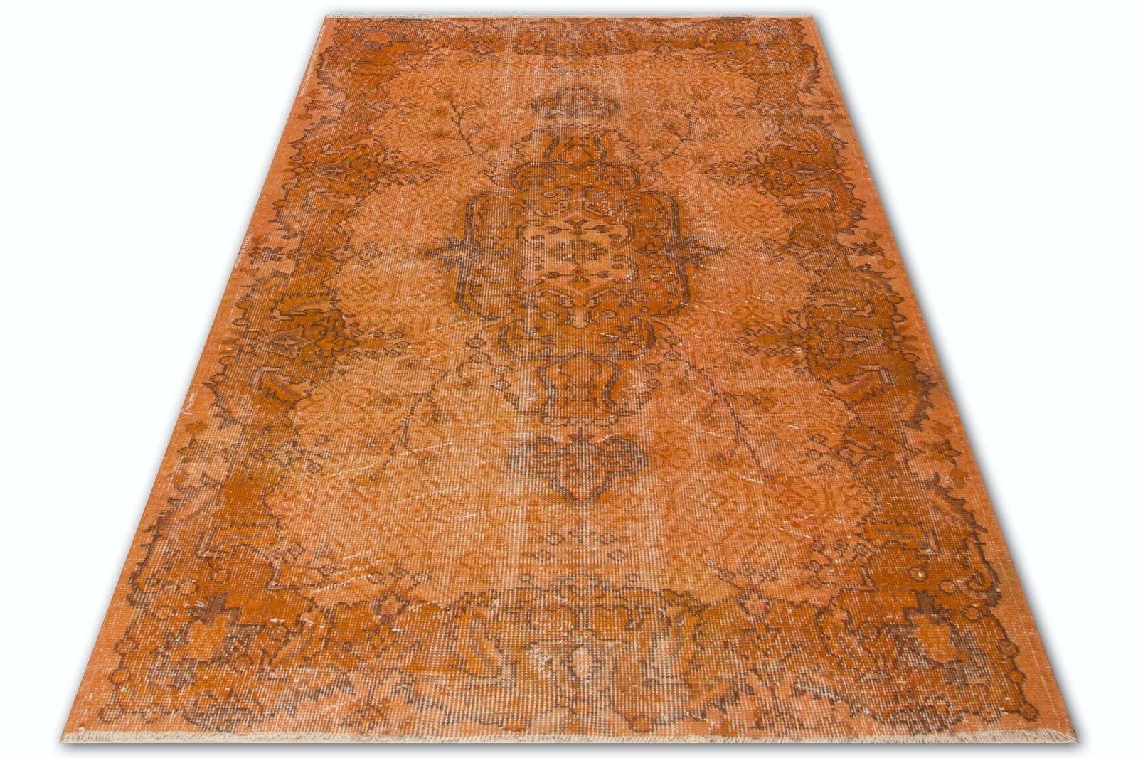 3.8x7.2 Ft Vintage Medallion Design Rug Re Dyed In Orange, Handknotted In Turkey photo furniture