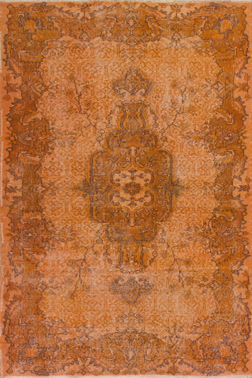 3.8x7 Ft Vintage Medallion Design Rug Re Dyed In Orange, Handknotted In Turkey