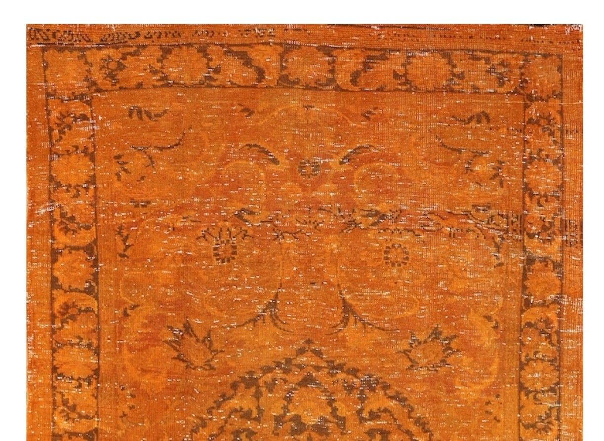 3.8x5.9 Ft Vintage Medallion Design Rug Re Dyed In Orange, Handknotted In Turkey photo Textiles