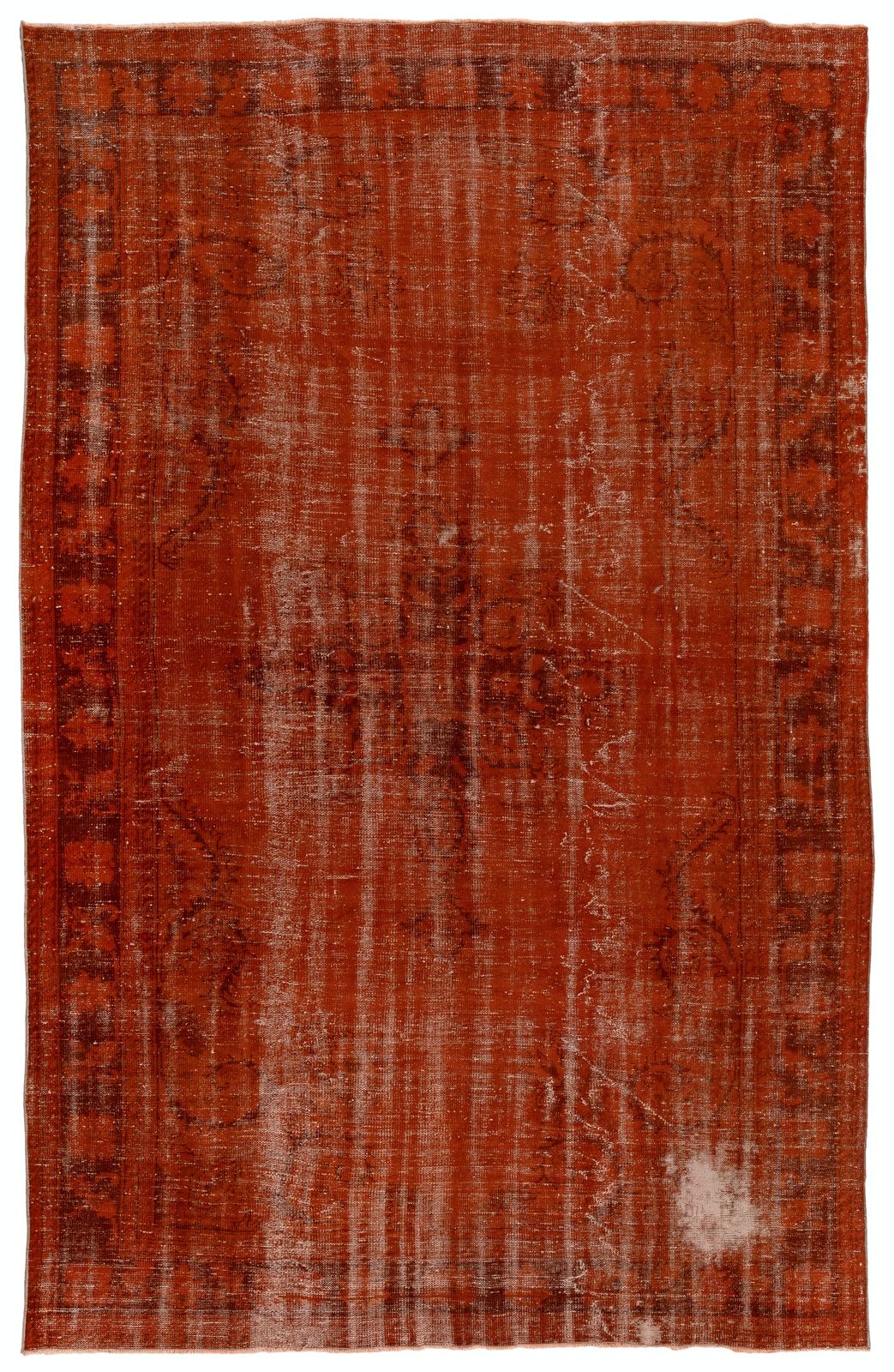 7.6x11.4 Ft Distressed Vintage Area Rug Re Dyed In Orange, Handknotted In Turkey