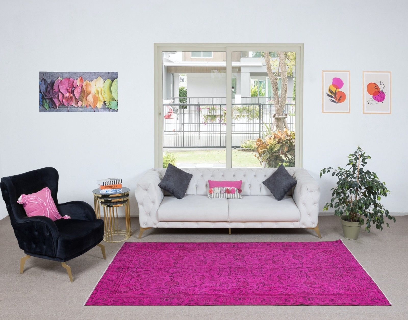 5.3x8.7 Ft Modern Handmade Turkish Vivid Hot Pink Rug With Flower Design photo furniture