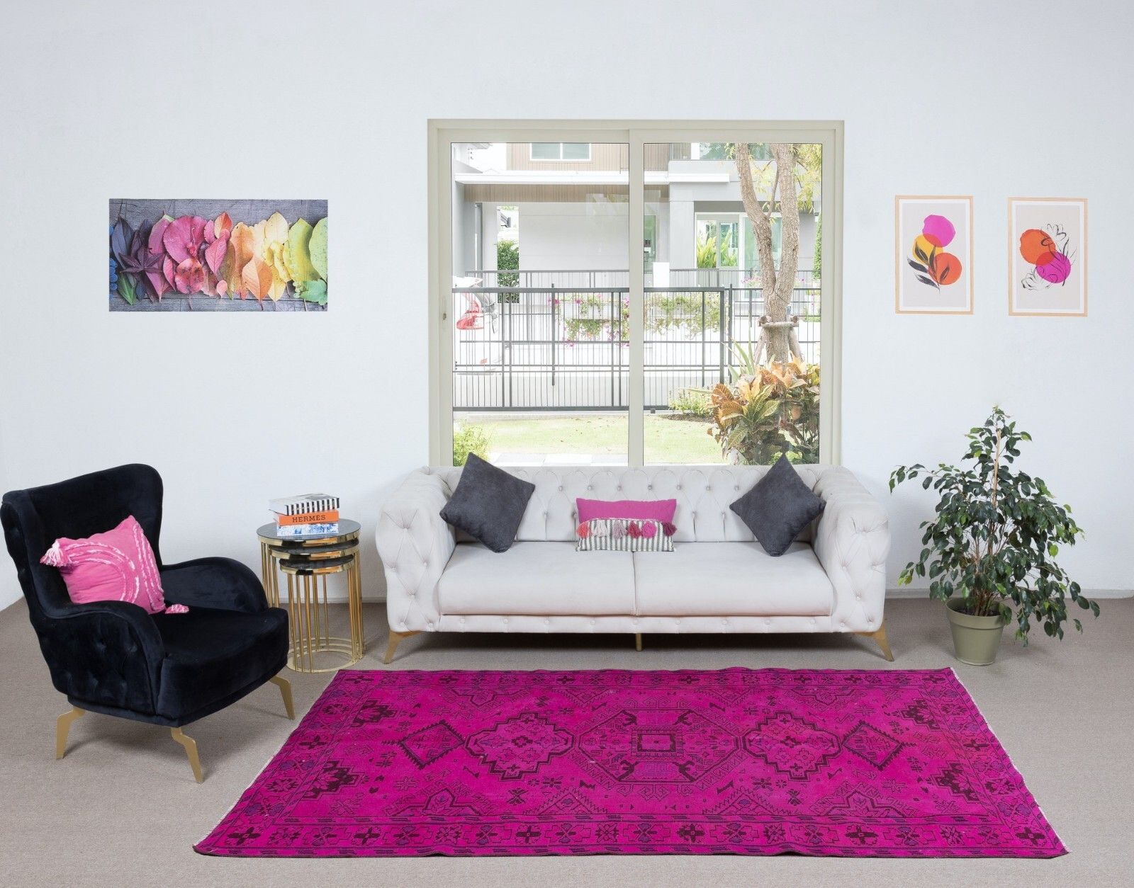 5.5x8.6 Ft Elegant Modern Handmade Turkish Area Rug With Medallions In Hot Pink photo furniture