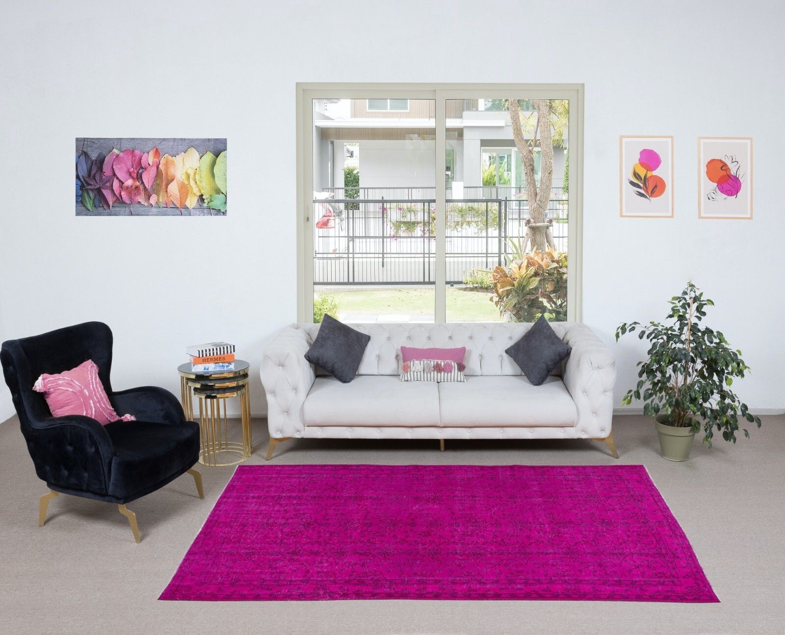 5.4x8.8 Ft Modern Handmade Turkish Bohem Rug In Hot Pink With Floral Design photo furniture