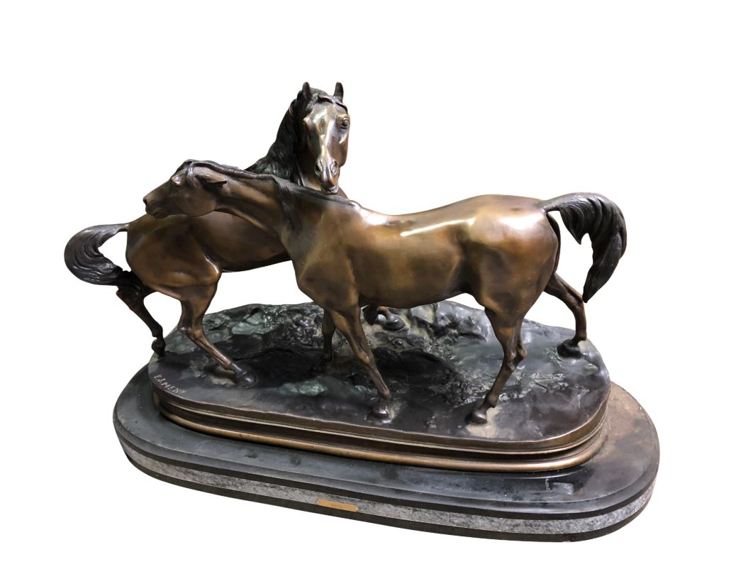 French Patinated Miniature Bronze Figure Of Two Horses By P.J. Mene photo for sale