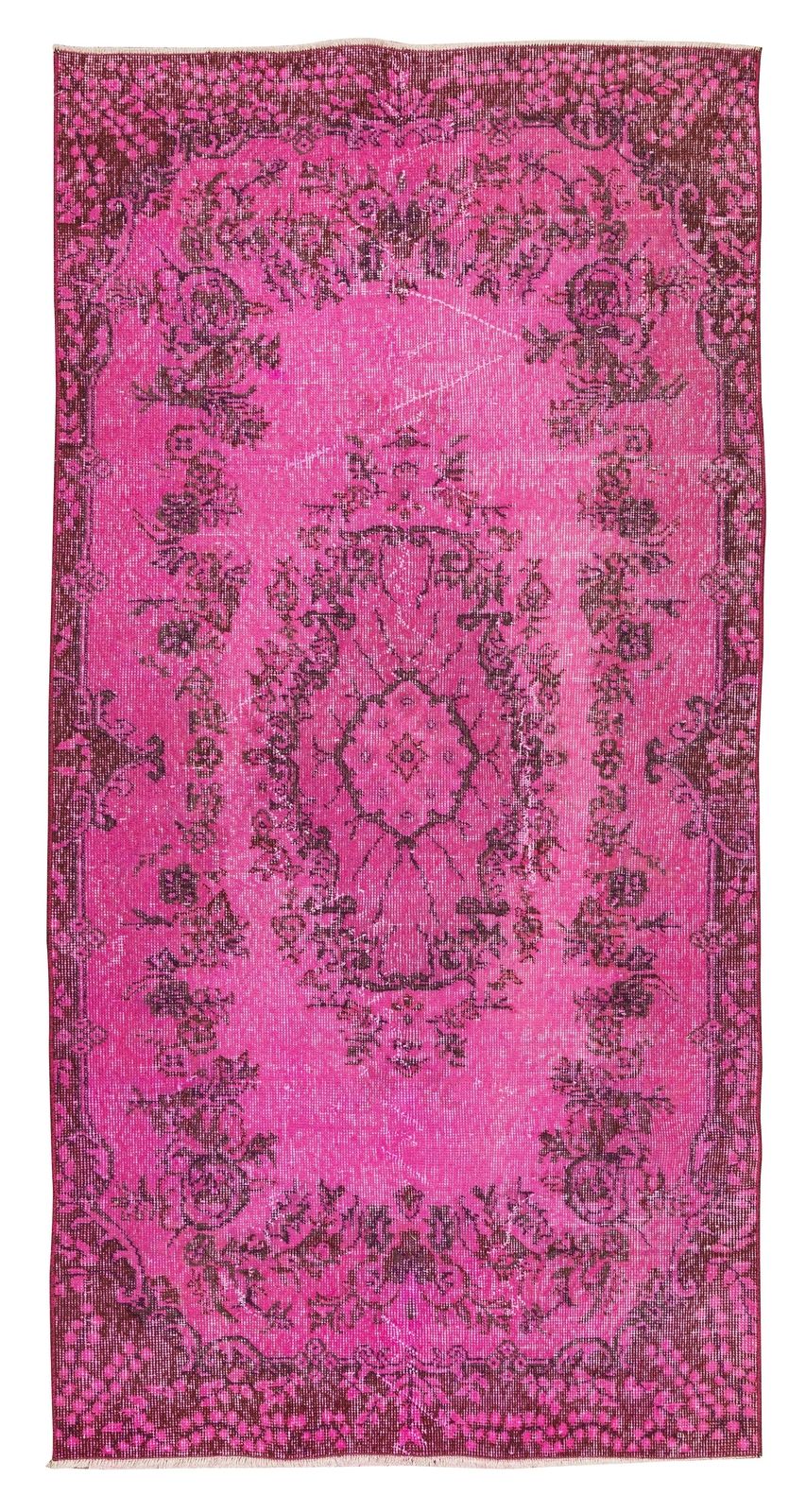 3.5x6.9 Ft Handmade Turkish Rug Over Dyed In Pink With Floral Medallion Design