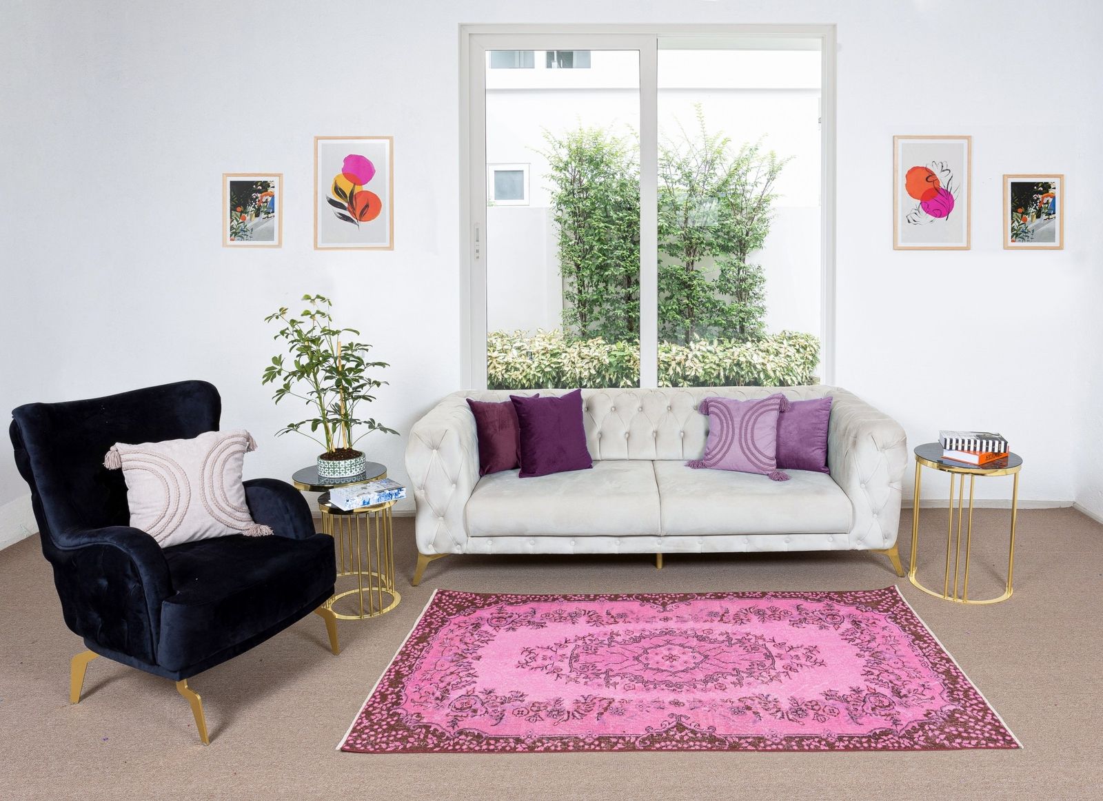 3.9x7.2 Ft Floral Medallion Design Vintage Handmade Turkish Rug Overdyed In Pink photo furniture