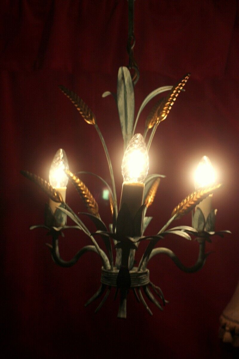142.0 Metal Wheat Sheaf Chandelier Vintage Italian Tole Were Light 3 Arms photo