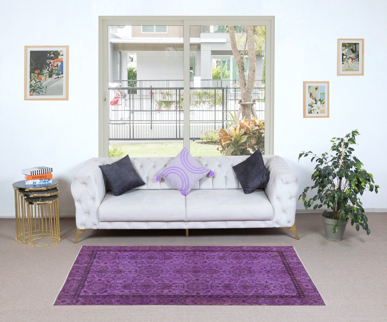 3.7x6.8 Ft Floral Area Rug In Purple For Modern Interiors, Handknotted In Turkey photo furniture