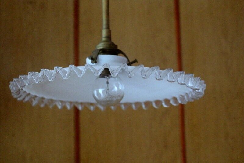 1930 Antique French Ceiling Light In White Glass Opaline And Brass   Complete photo for sale