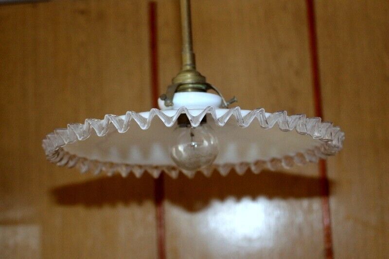 1930 Antique French Ceiling Light In White Glass Opaline And Brass   Complete photo buy
