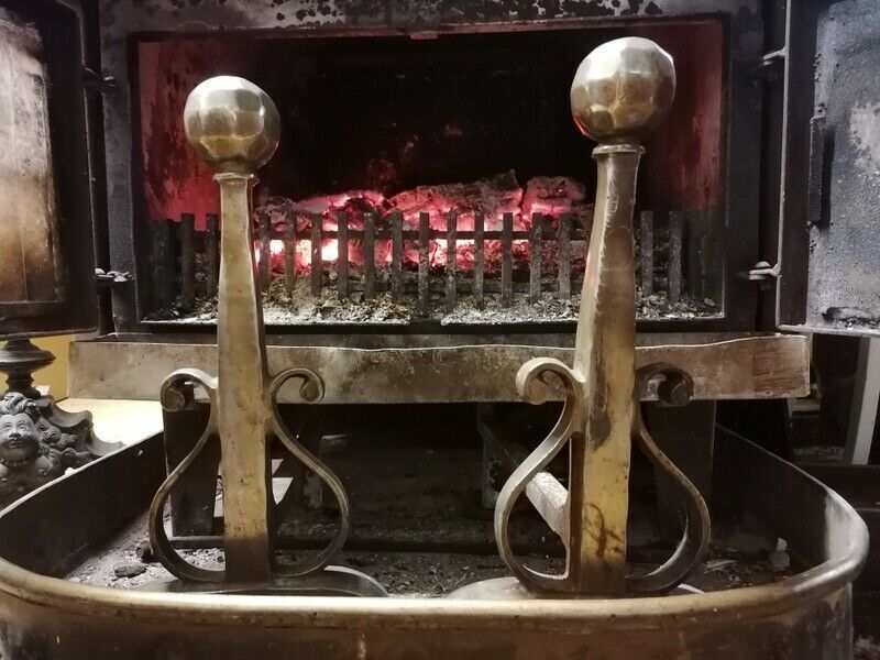 A Pair French Vintage Antique Cast Iron And Brass Fireplace Andirons Fire Dogs photo vintage