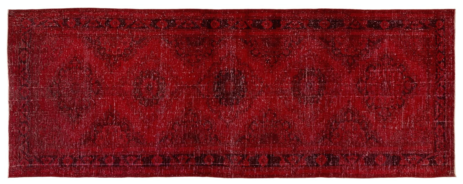 4.7x12.4 Ft Distressed Vintage Konya Sille Runner Rug Re Dyed In Red For Hallway photo 746.0