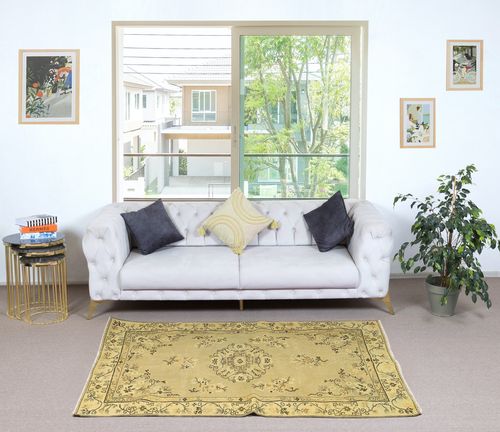 3.6x6.8 Ft One Of A Pair Handmade Yellow Color Turkish Rug With Art Deco Design photo furniture