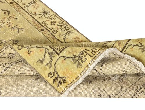 3.6x6.8 Ft One Of A Pair Handmade Yellow Color Turkish Rug With Art Deco Design photo for sale