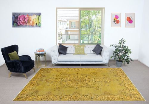 7x10.8 Ft Yellow Hand Knotted Turkish Area Rug. Medallion Design Carpet photo furniture