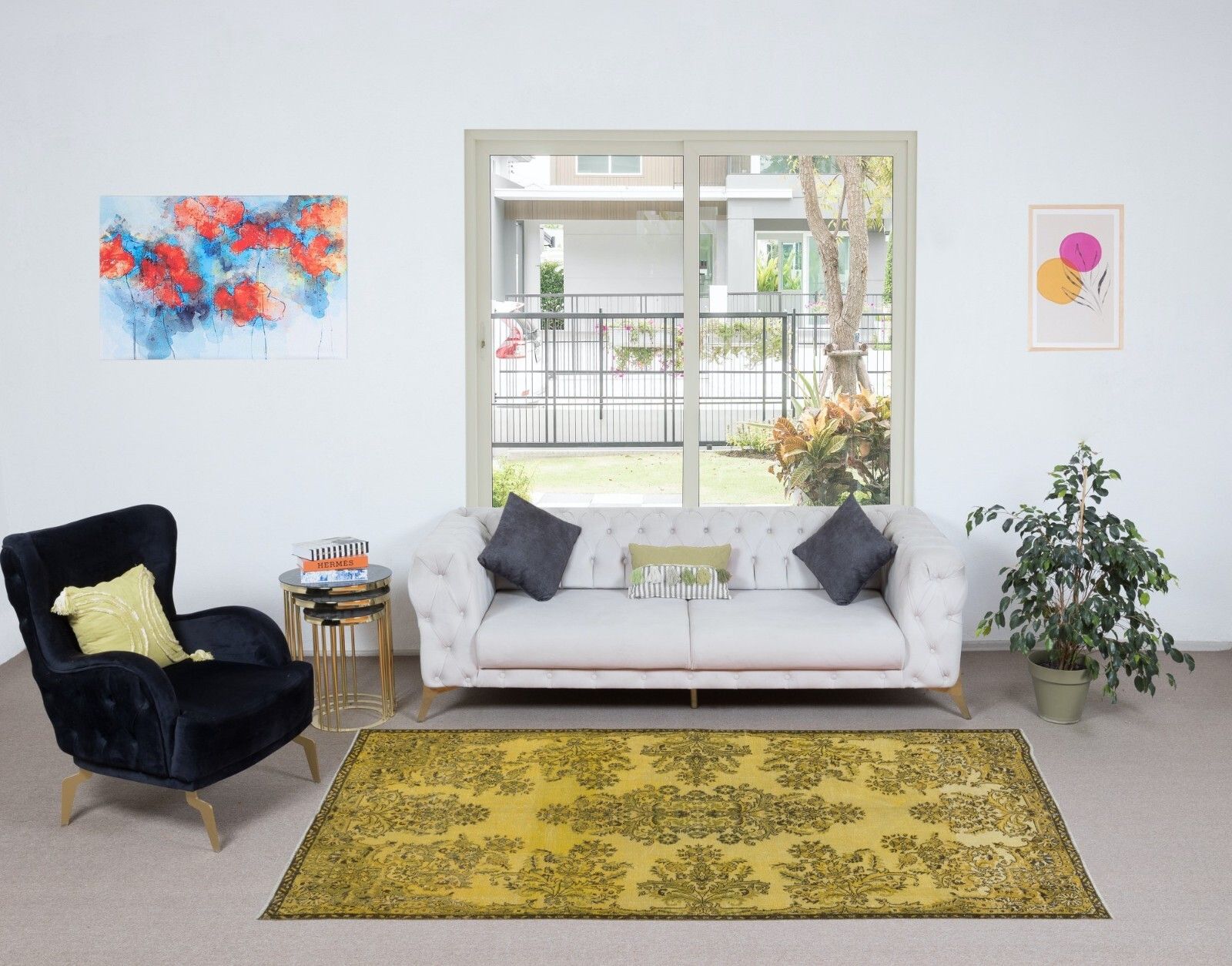 5x9 Ft Contemporary Handmade Turkish Rug With Garden Design & Yellow Background photo furniture