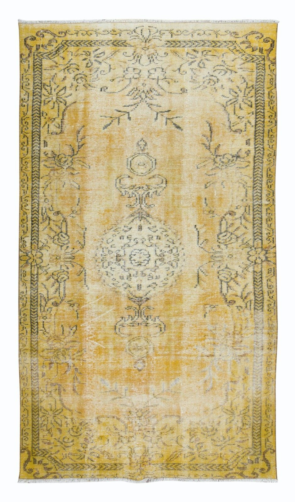 5.3x9 Ft Distressed Handmade Turkish Modern Rug In Yellow, Woolen Floor Covering