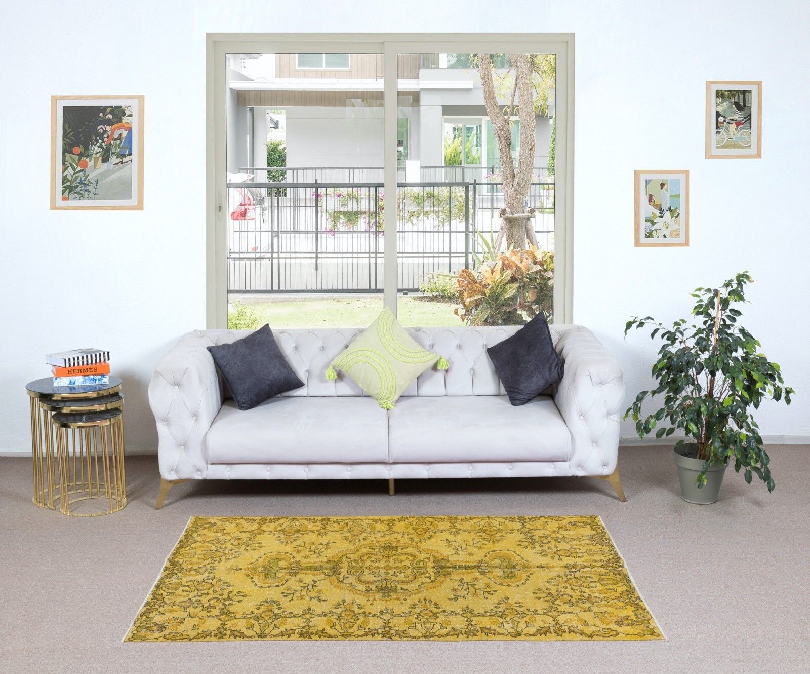 3.7x6.6 Ft Modern Handmade Turkish Accent Rug, Decorative Yellow Over Dyed Carpe photo furniture