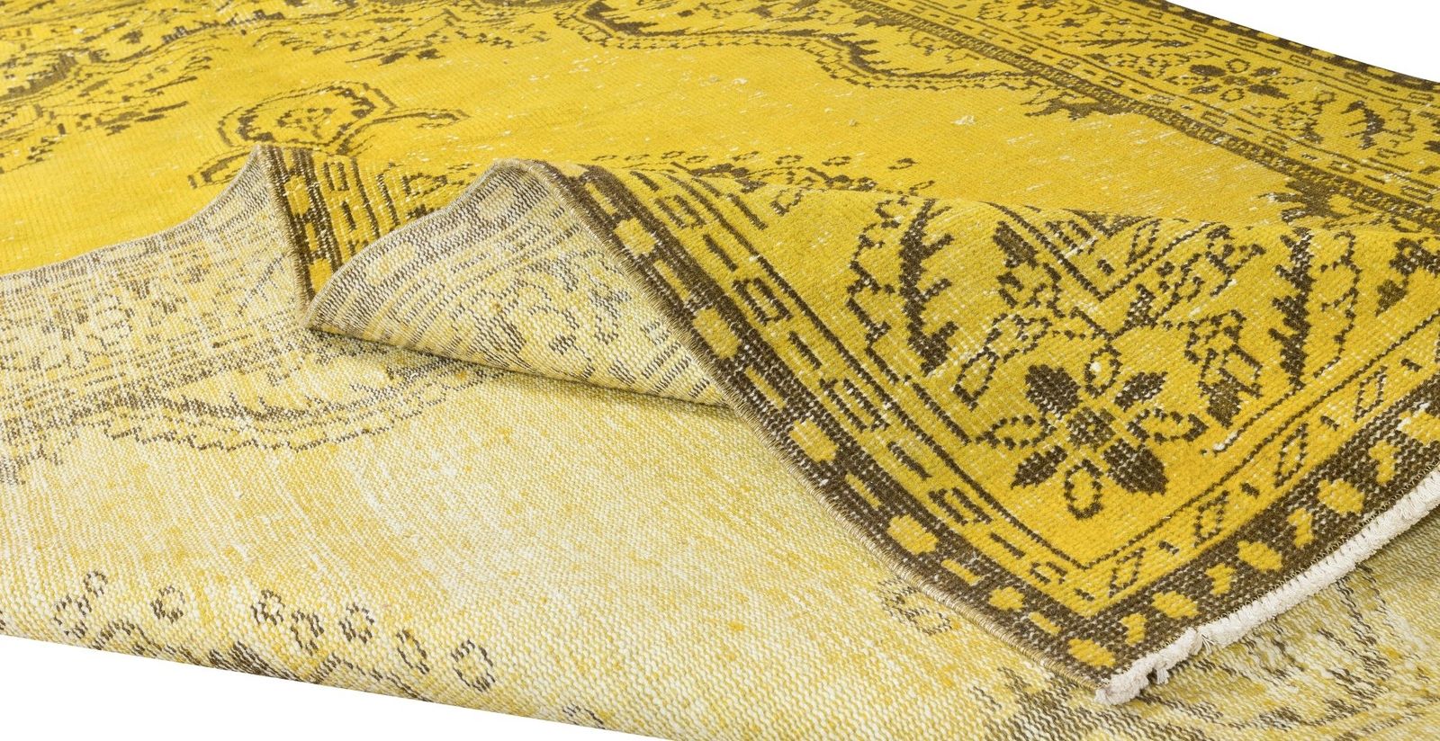 6.2x10.3 Ft Modern Handmade Turkish Vintage Wool Area Rug Over Dyed In Yellow photo for sale