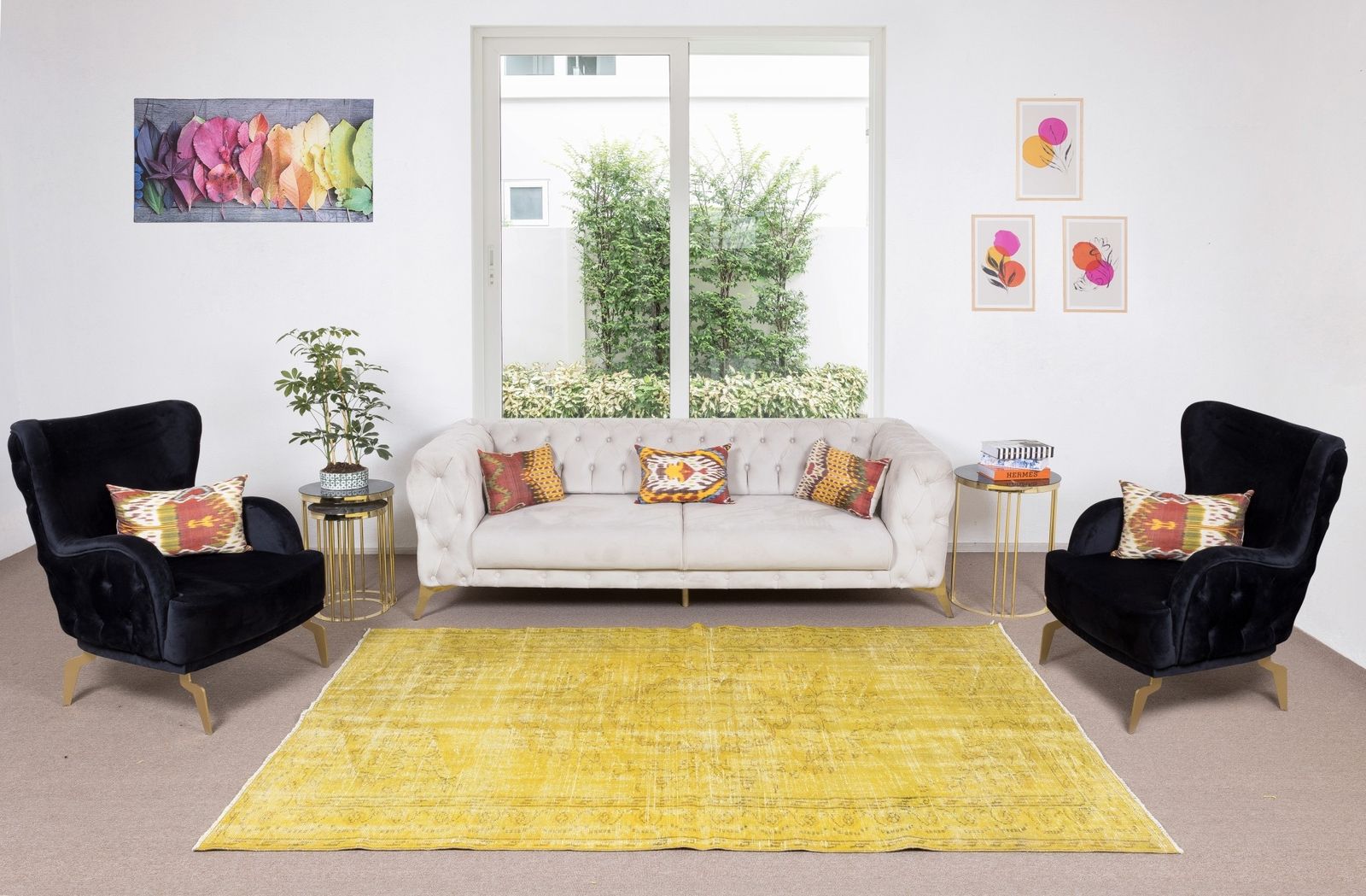 5.6x9.5 Ft Yellow Overdyed Rug For Modern Home & Office, Turkish Handmade Carpet photo furniture
