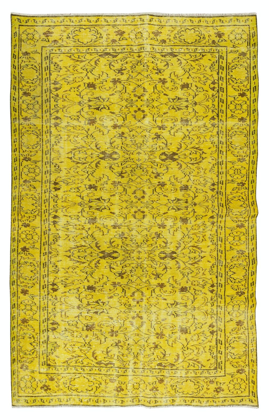5.6x9 Ft Floral Pattern Yellow Over Dyed Rug, 1960s Turkish Handmade Wool Carpet