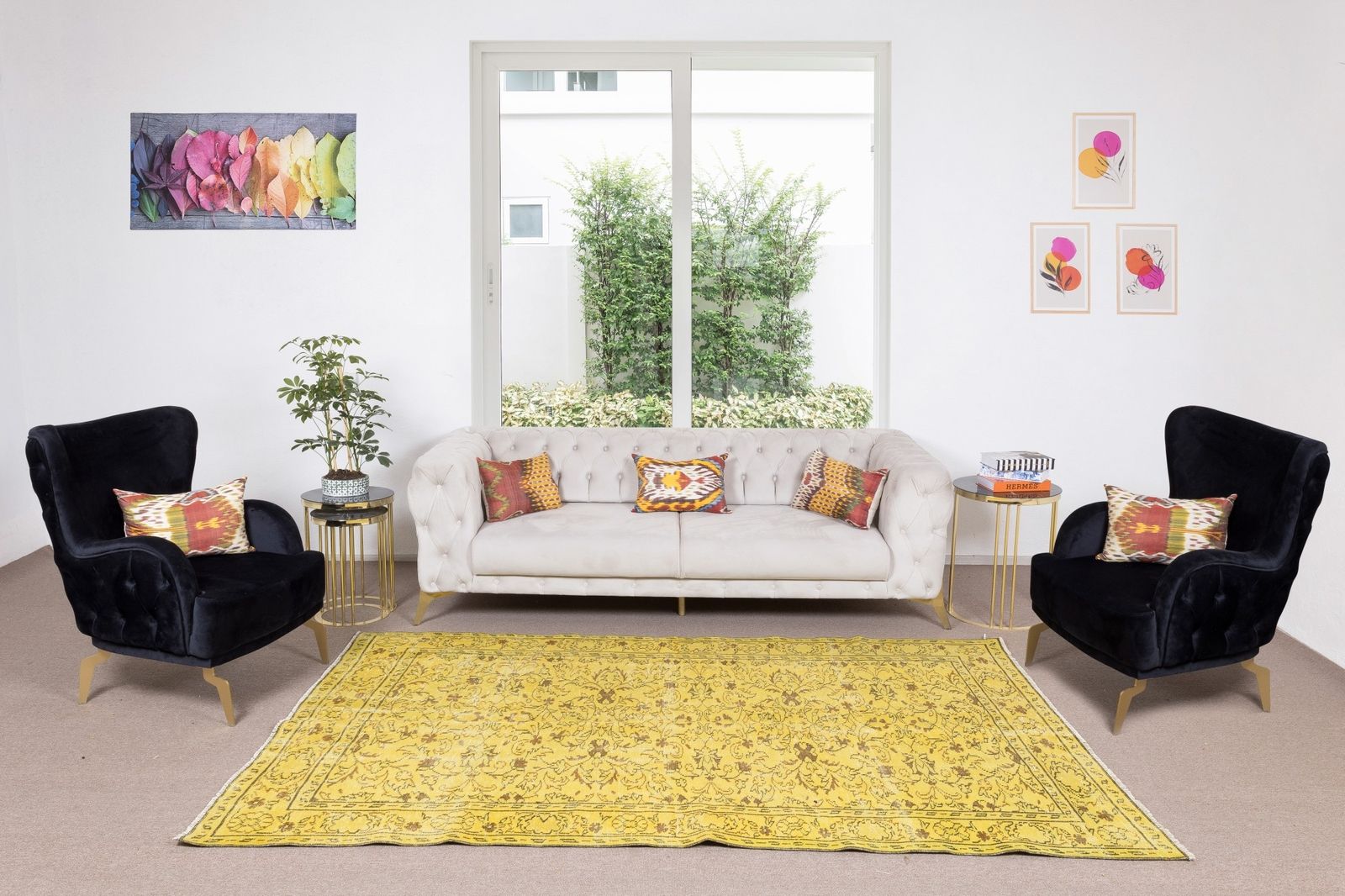 5.6x9 Ft Floral Pattern Yellow Over Dyed Rug, 1960s Turkish Handmade Wool Carpet photo furniture