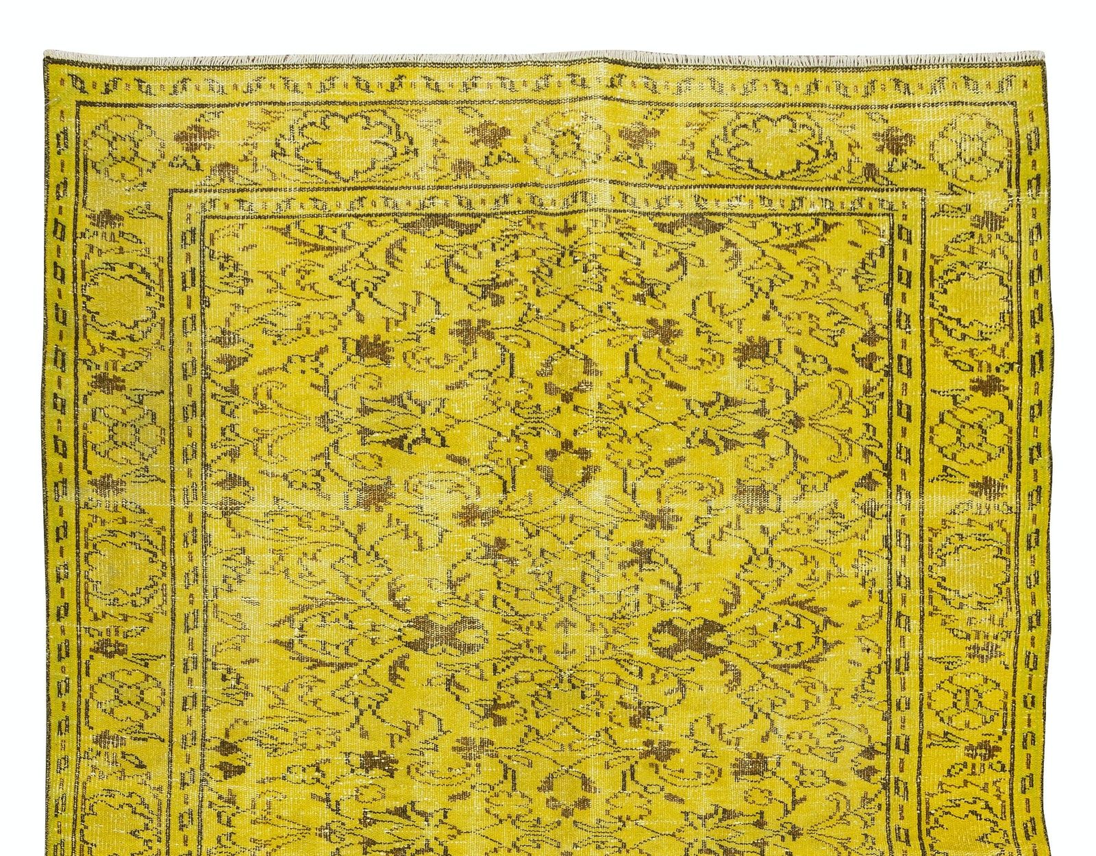 5.6x9 Ft Floral Pattern Yellow Over Dyed Rug, 1960s Turkish Handmade Wool Carpet photo Textiles