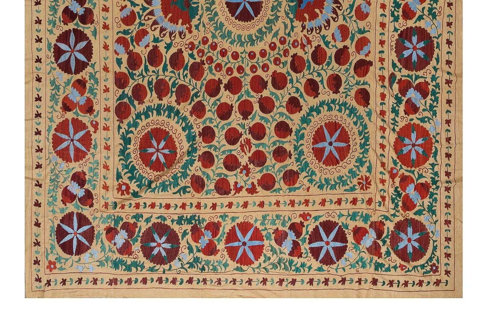 7.6x8.3 Ft Vintage Silk Hand Embroidery Bed Cover, Asian Suzani Wall Hanging photo for sale