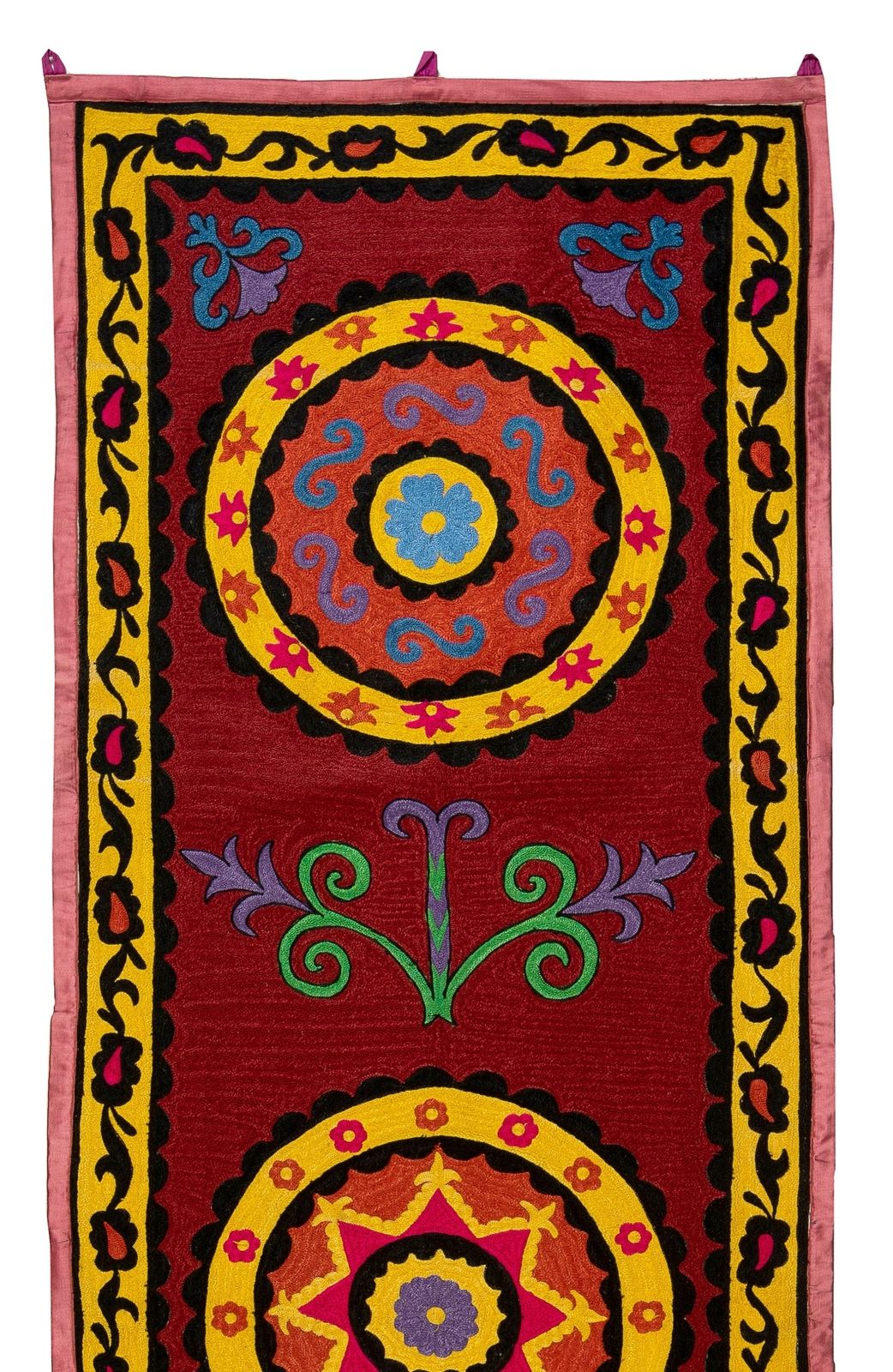 2.3x7.4 Ft Uzbek Suzani Textile. Embroidered Silk And Cotton Wall Hanging photo furniture