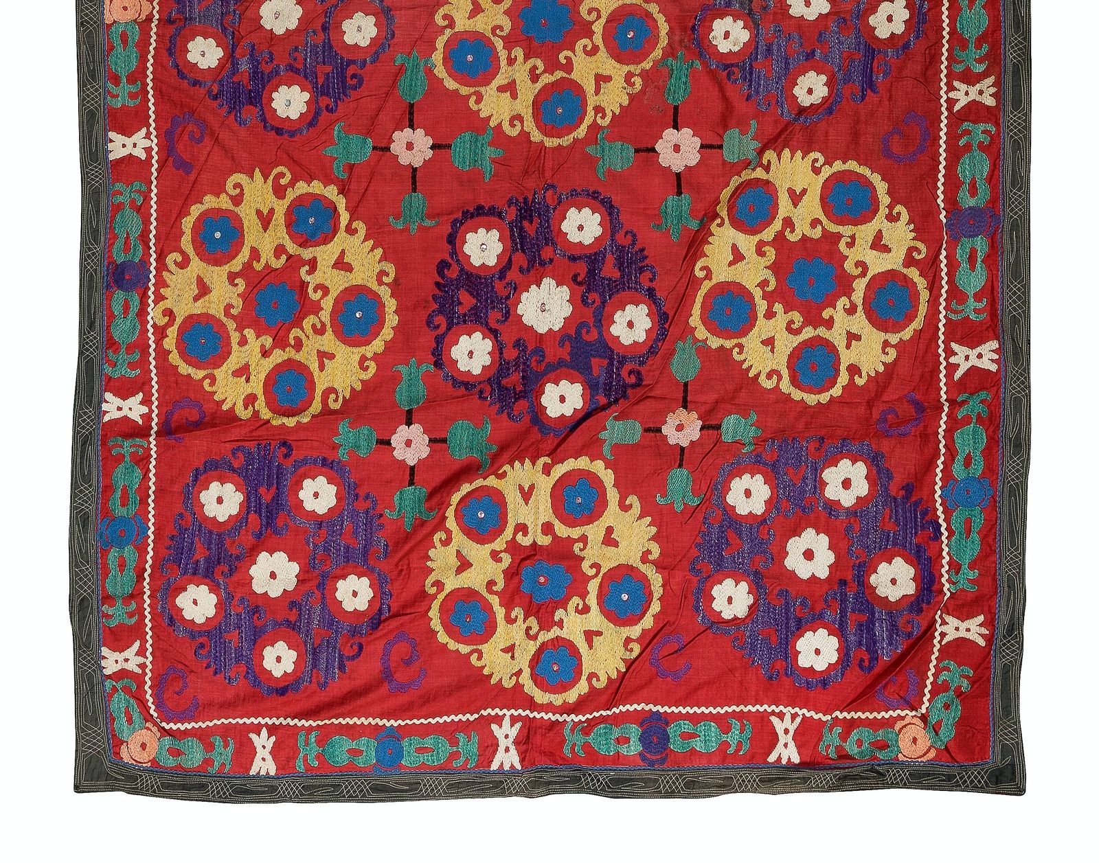 4.6x7 Ft Vintage Asian Suzani Wall Hanging, Silk Hand Embroidery Bed Cover photo for sale