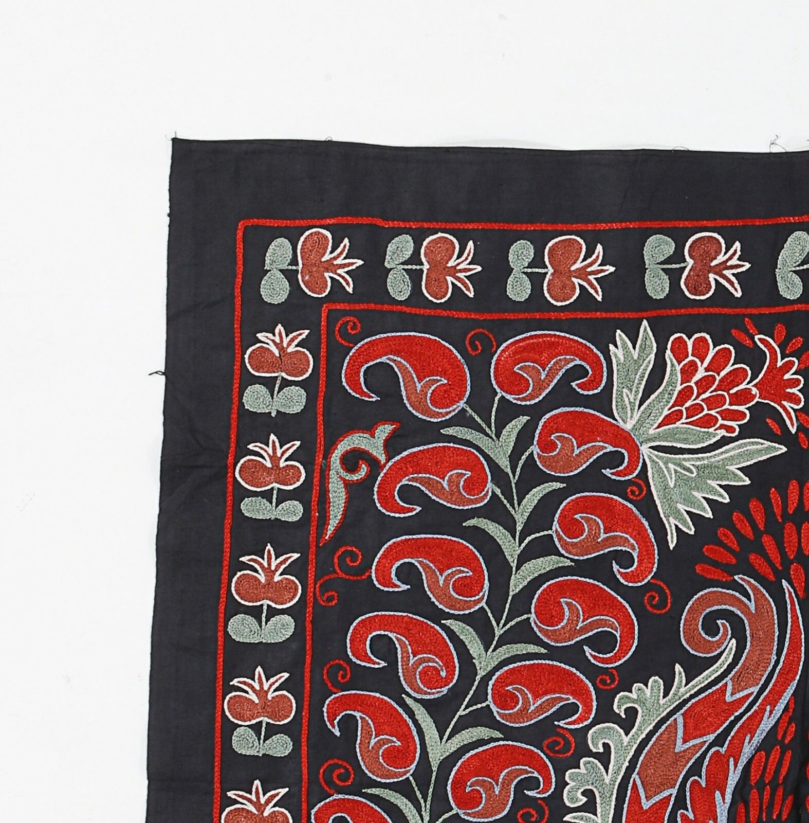 3'x3' Tashkent Embroidered Wall Hanging, Vintage Tablecloth In Black, Green, Red photo furniture