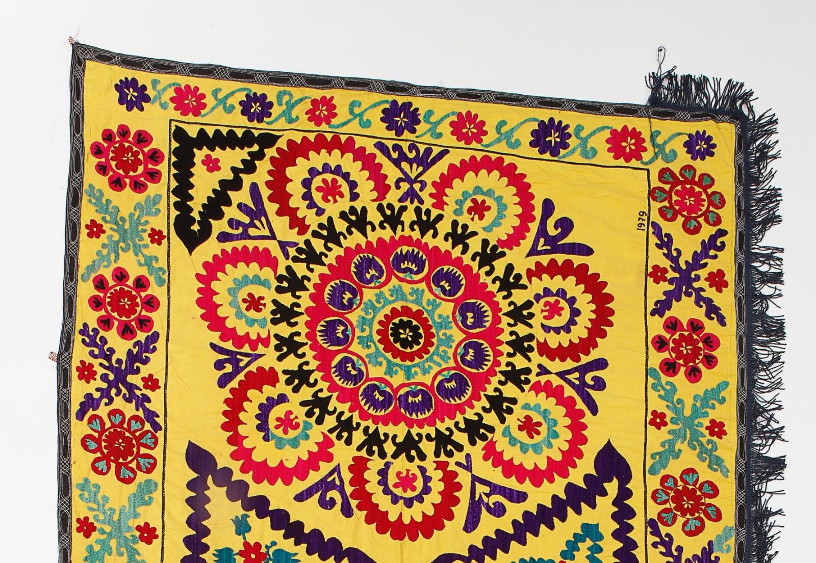 4.7x10.5 Ft Handmade Suzani Wall Hanging In Yellow, Silk Embroidery Table Runner photo for sale