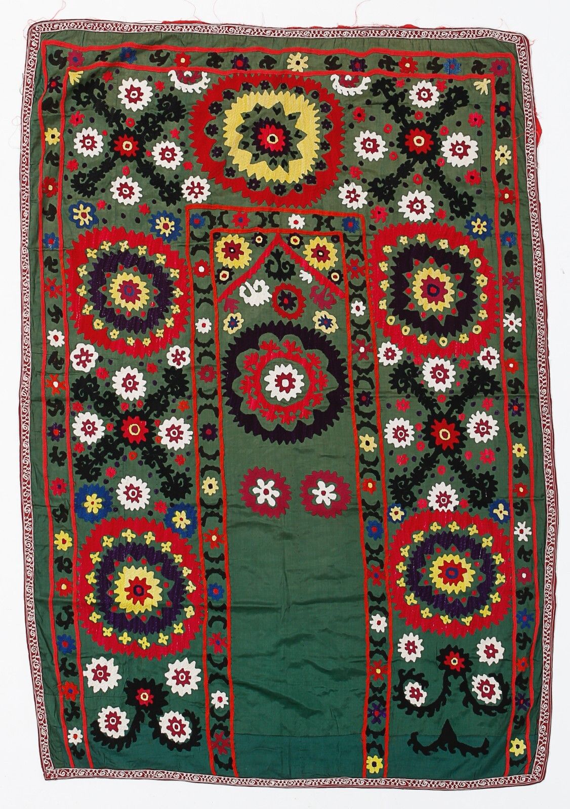 3.5x5 Ft Silk Embroidery Wall Hanging In Forest Green, Floral Suzani Tablecloth