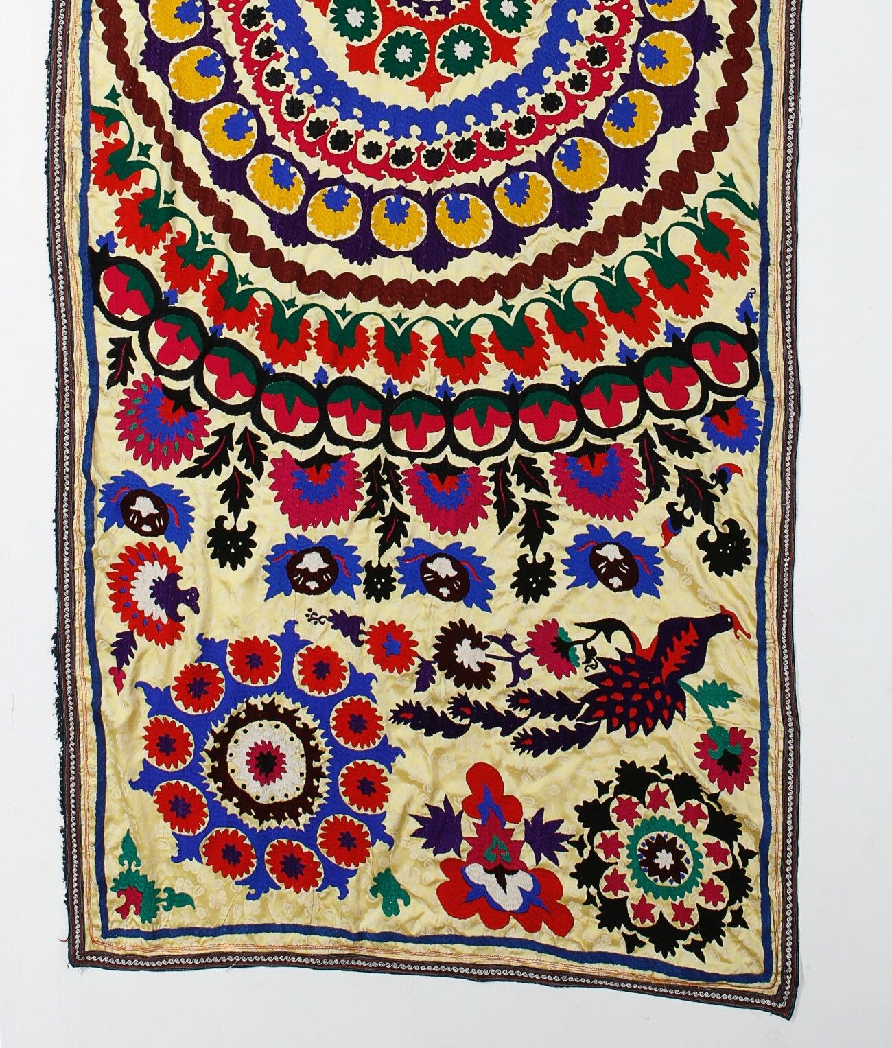 4.5x12 Ft Asian Suzani Textile. Embroidered Cotton & Silk Bed Cover Wall Hanging photo for sale