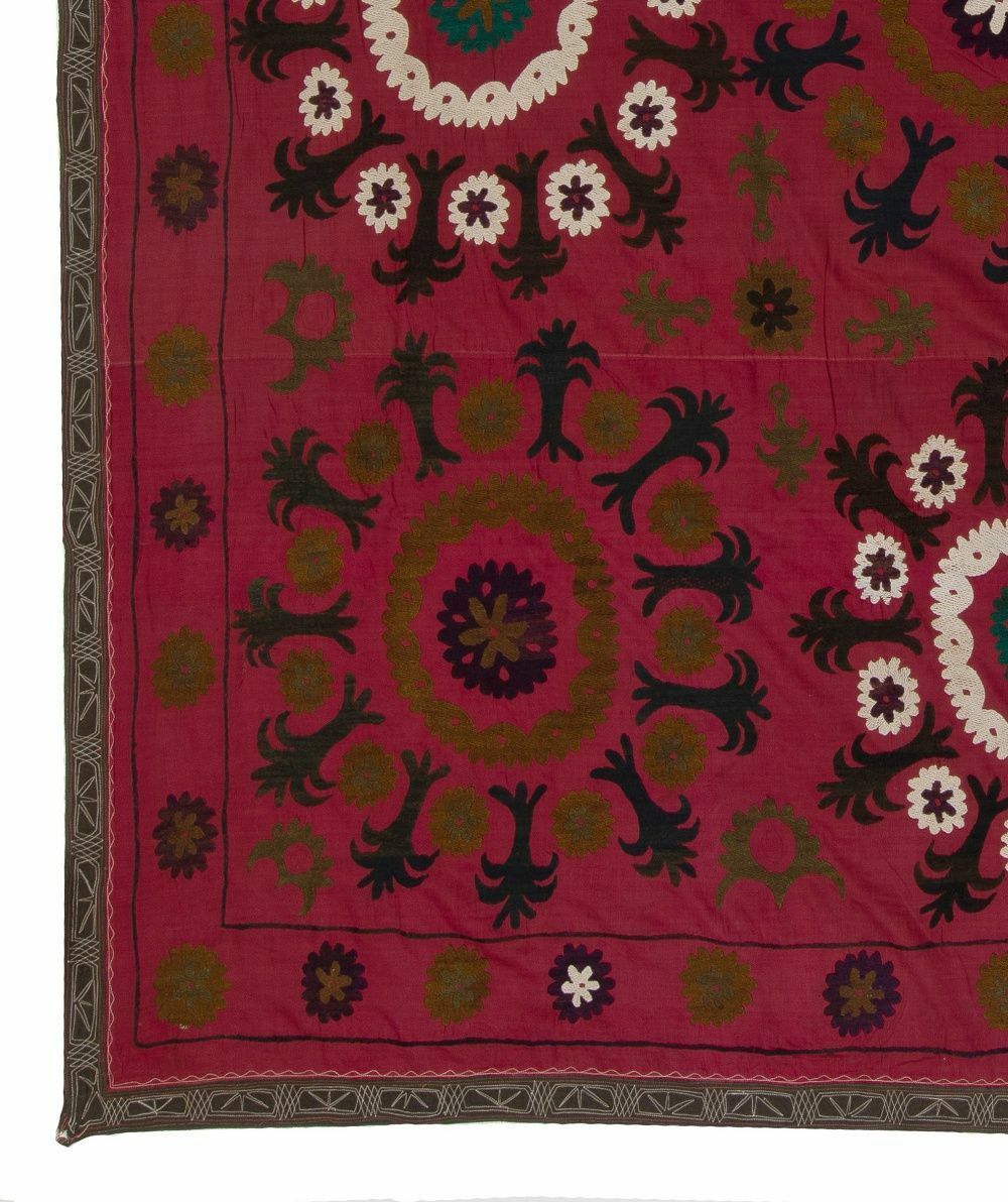 7x7.4 Ft Central Asian Suzani Textile. Embroidered Cotton & Silk Bed Cover photo Textiles