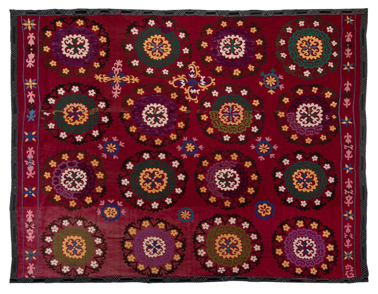 6.8x7.8 Ft Central Asian Suzani Textile. Embroidered Cotton & Silk Bed Cover photo 757.0