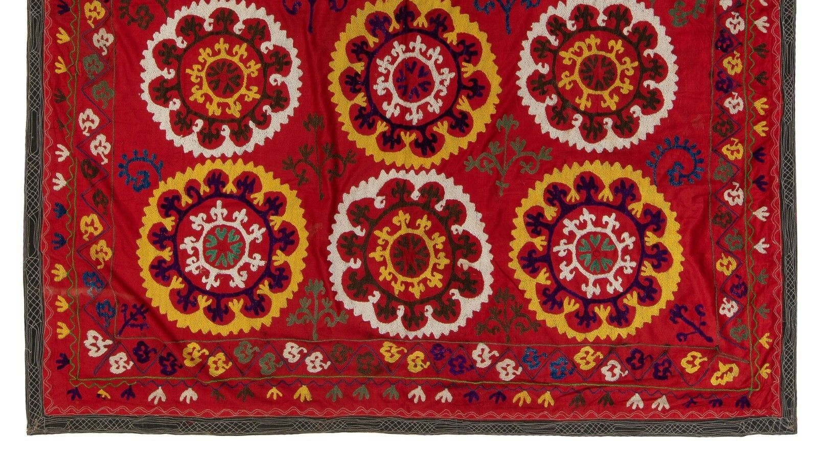 5.8x6.5 Ft Central Asian Suzani Textile. Embroidered Cotton & Silk Bed Cover photo for sale